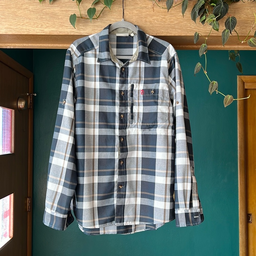 Mens Large Fjallraven Fjallglim Flannel Shirt Blue White recycled
